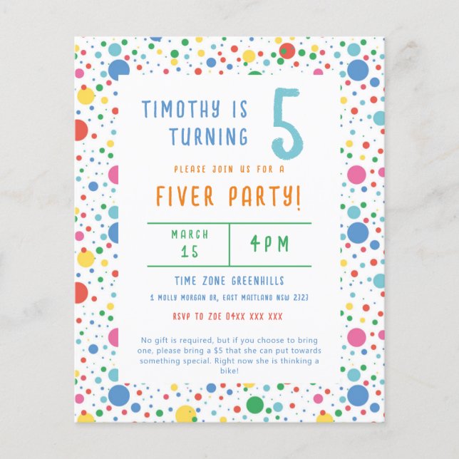 Flyer Convite de Aniversário do Partido Pokadot Fiver no (Frente)