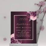 Flyer Convite de aniversário floral cor-de-rosa para Bor<br><div class="desc">Por favor, note que este convite está no papel de folheto e é muito fino. Os envelopes não estão incluídos. Para convites mais espessos (mesmo design) visite nossa loja. Um fundo burguês profundo decorado com florais robustos e cor-de-rosa, flores com folhagem prateada. Personalize e adicione seu nome e detalhes da...</div>