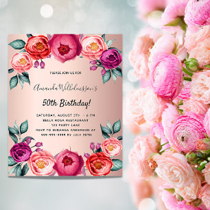 Flyer Convite de aniversário floral em rosa dourado por 