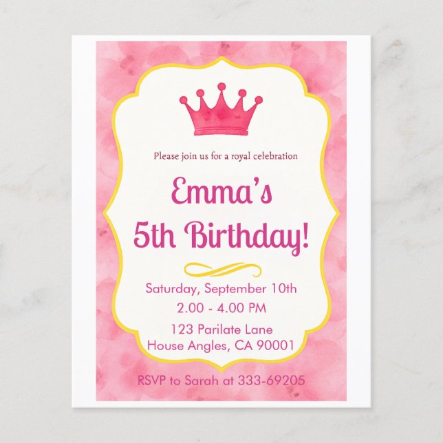 Flyer Convite de Aniversário para Coroa Rosa | zazzlemad (Frente)