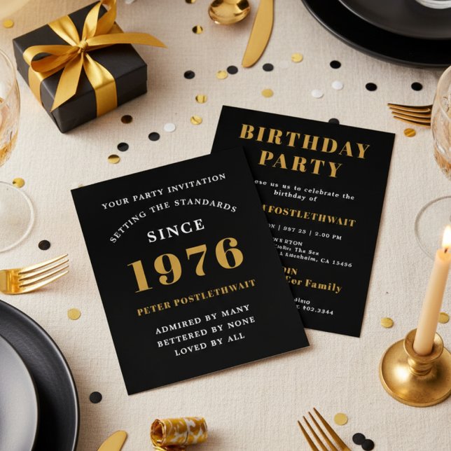 Flyer Convite de Aniversário Preto e Dourado Econômico (Budget black and gold birthday invitation)