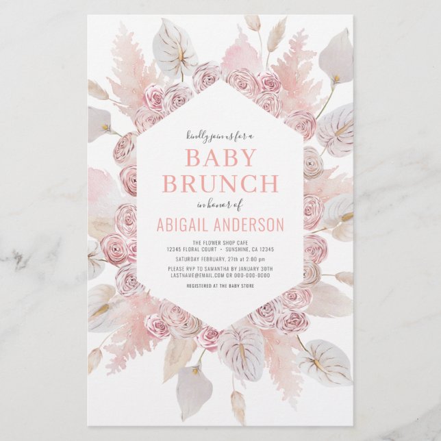 Flyer Convite de Babychurch Boho Rosa Bege de orçamento  (Frente)