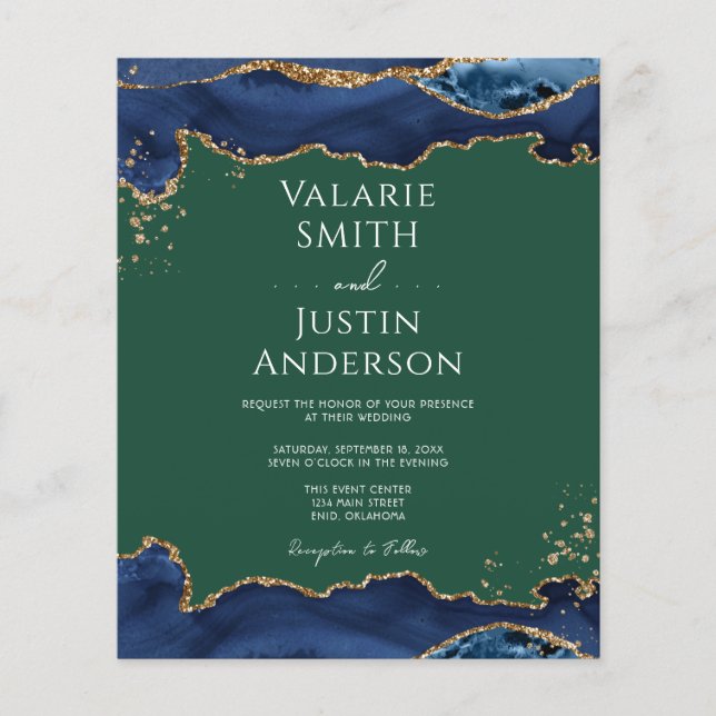Flyer Convite de Casamento Azul Naval Ágata Verde (Frente)