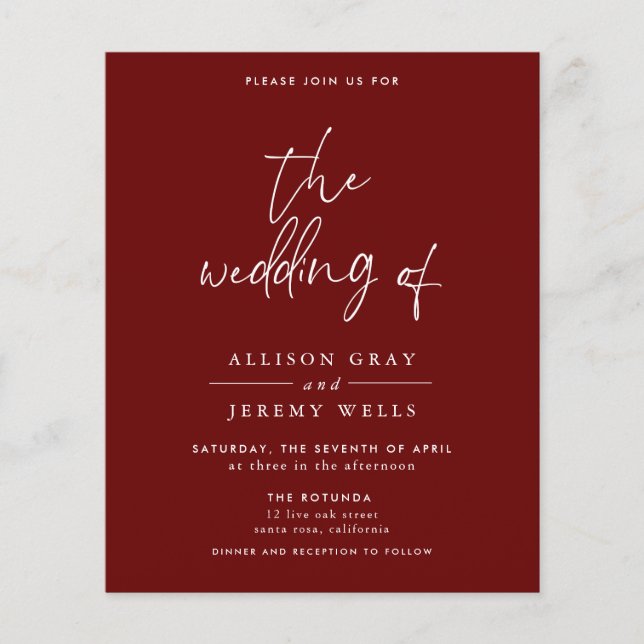 Flyer Convite de Casamento Budget Borgonha (Frente)