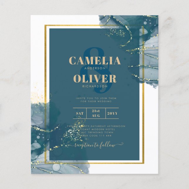 Flyer Convite de Casamento Chic com Tinta Alcoólica Azul (Frente)