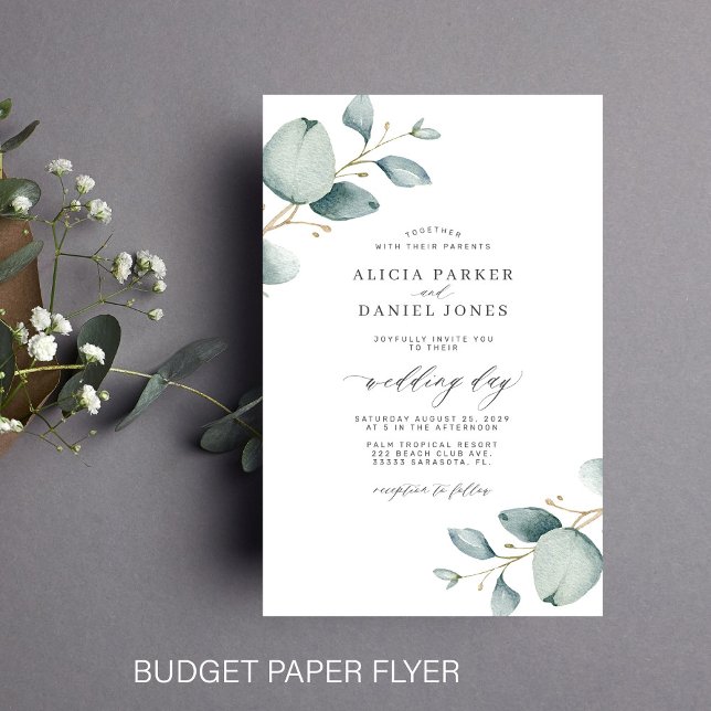 Flyer Convite de casamento chic com verde eucalipto econ (Criador carregado)