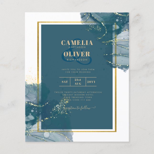 Flyer Convite de casamento Chic Dourado de Álcool Azul P (Frente)