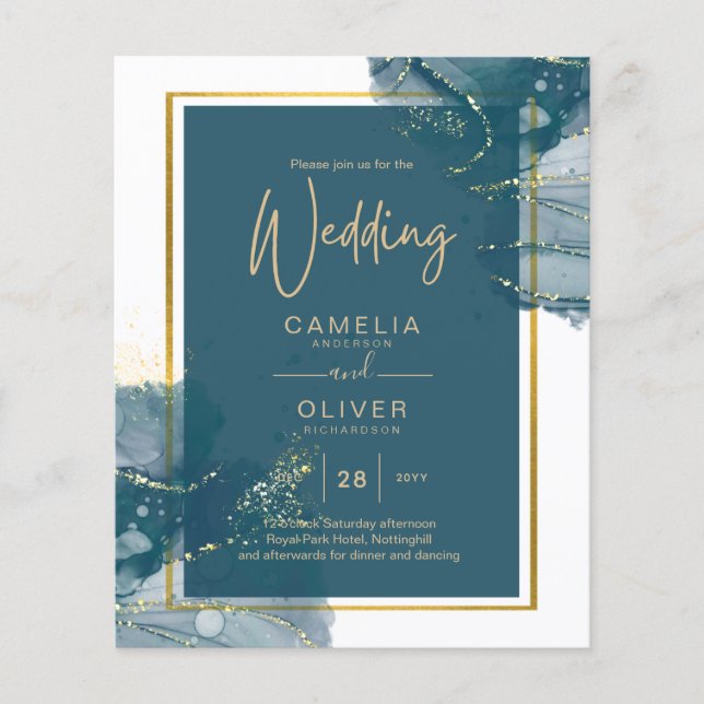 Flyer Convite de casamento Chic Dourado de Álcool Azul P (Frente)