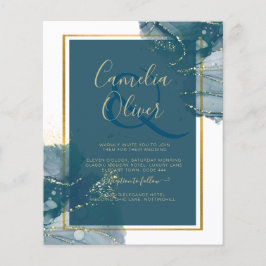 Flyer Convite de casamento Chic Dourado de Álcool Azul P