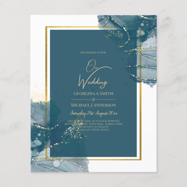 Flyer Convite de casamento Chic Dourado de Álcool Azul P (Frente)
