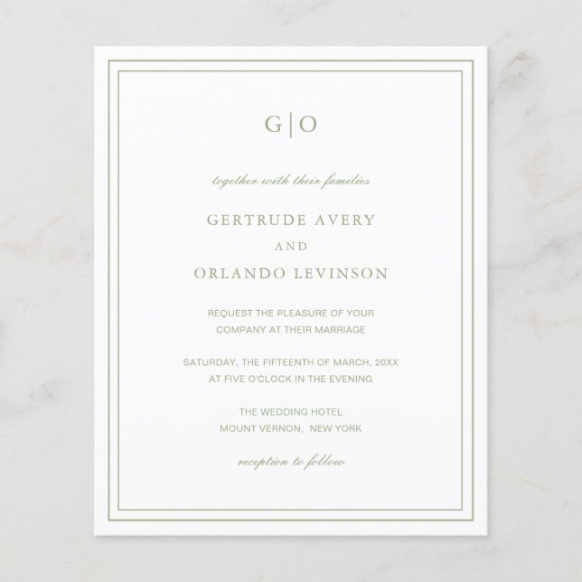Flyer Convite de Casamento Clássico em Verde Sage Elegan (Frente)