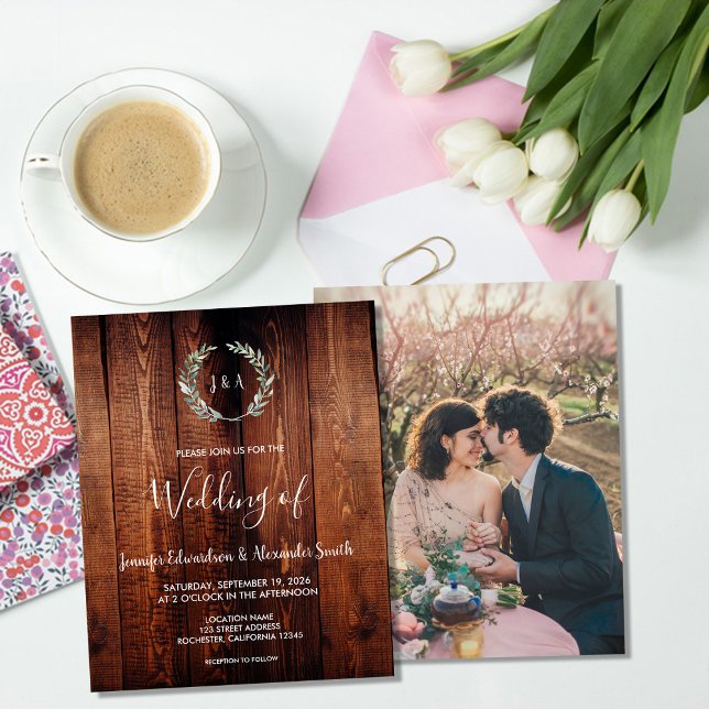 Flyer Convite de casamento com folhas de aquarela rústic (Budget rustic watercolor leaves wedding invitation flyer. For your rustic country wedding.)