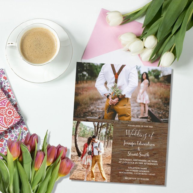 Flyer Convite de casamento com foto em madeira rústica e (Budget rustic wood photo wedding invitation flyer. You can add your own photos to personalize.)