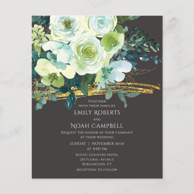 Flyer Convite de Casamento com Foto Floral Turquesa Verd (Frente)