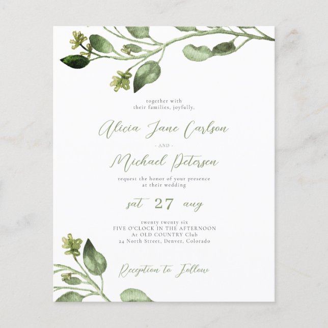 Flyer Convite de casamento com letra elegante e verde ec (Frente)