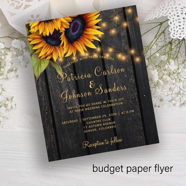 Flyer Convite de casamento com luzes rústicas e girassói (Criador carregado)