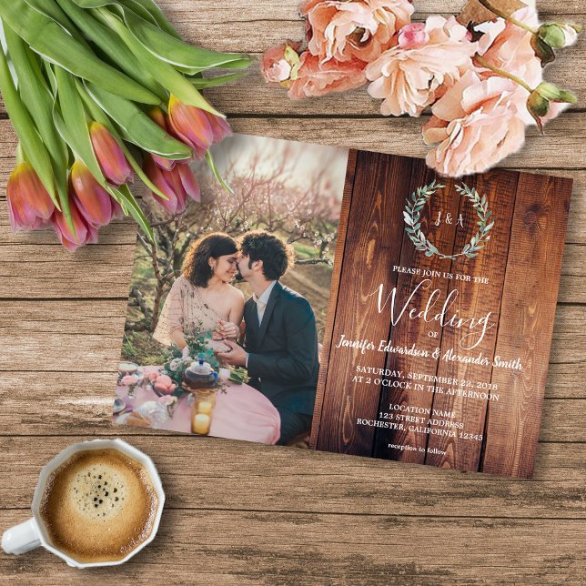 Flyer Convite de casamento com monograma em madeira de c (Budget barn wood monogram photo Wedding invitation Flyer. For your rustic country wedding,)