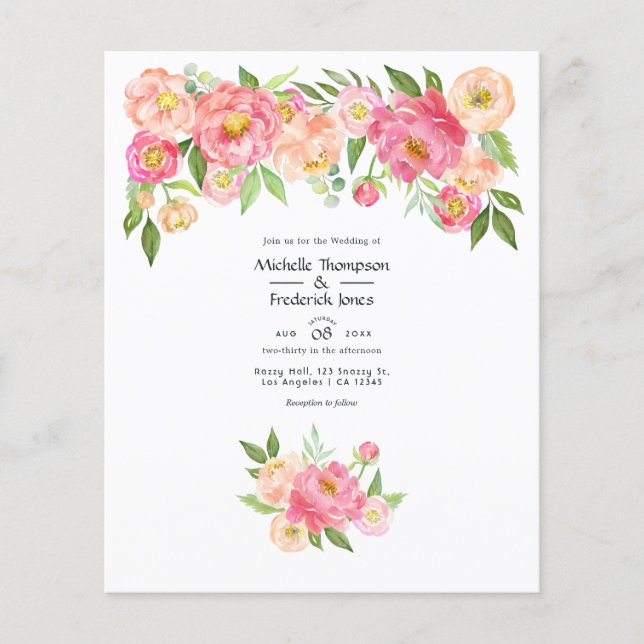 Flyer Convite de Casamento com Peônias em Aquarela Rosa  (Frente)