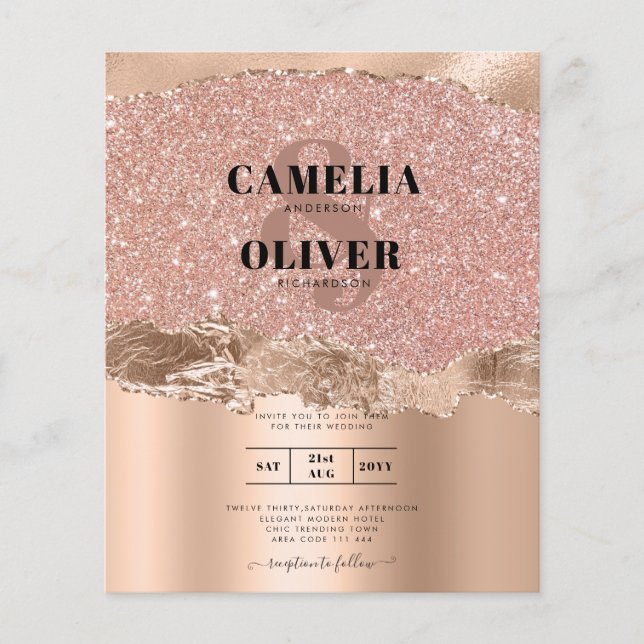 Flyer Convite de casamento de Glamor Moderno rosa Dourad (Frente)
