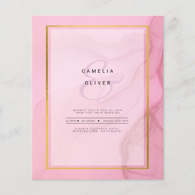 Flyer Convite de casamento de Mão Dourada rosa branco Le (Frente)