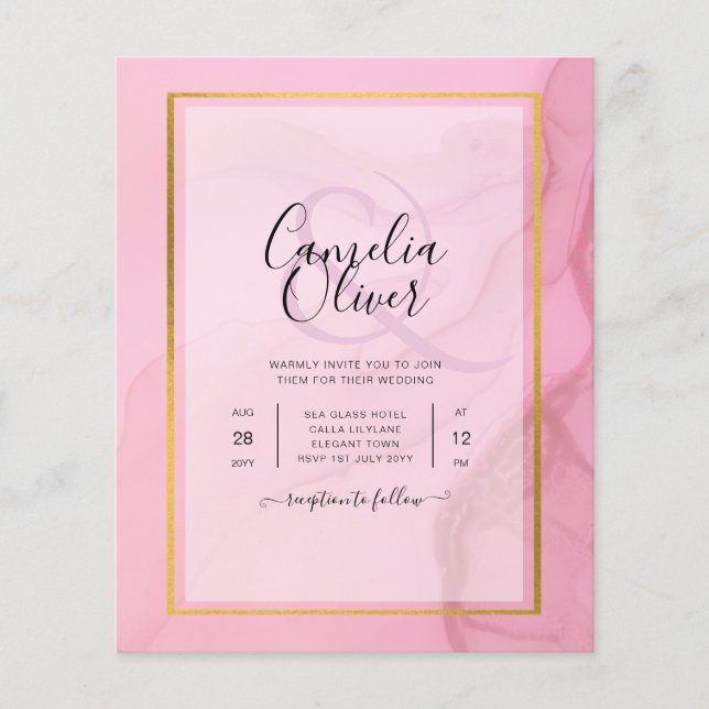 Flyer Convite de casamento de Mão Dourada rosa branco Le (Frente)