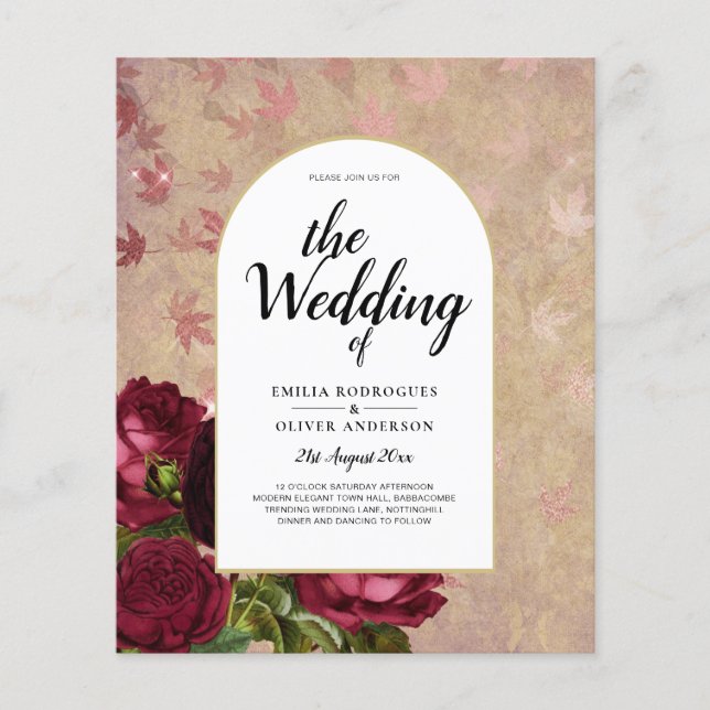 Flyer Convite de casamento de Rosas vermelhas Botânicas  (Frente)