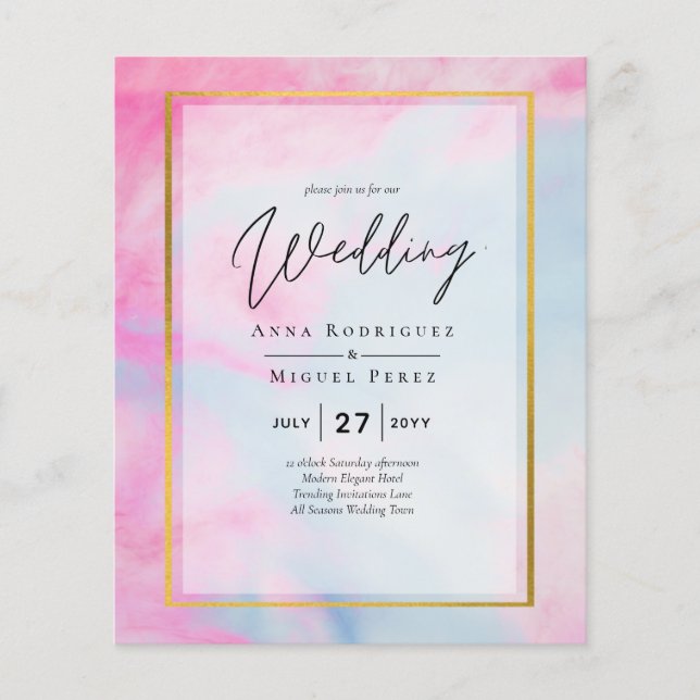 Flyer Convite de casamento de TINTA Dourada Azul-Azul-Az (Frente)