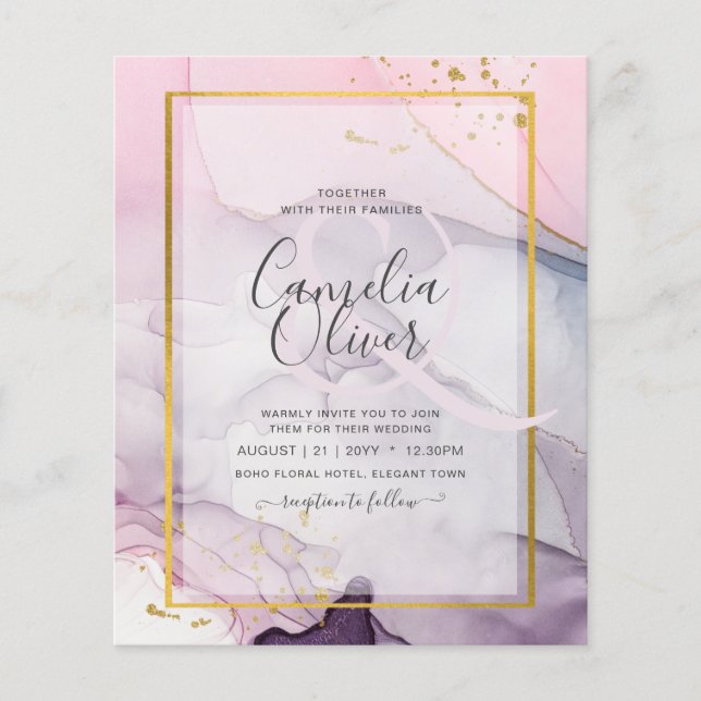 Flyer Convite de casamento de TINTA Dourada, cor-de-rosa (Frente)