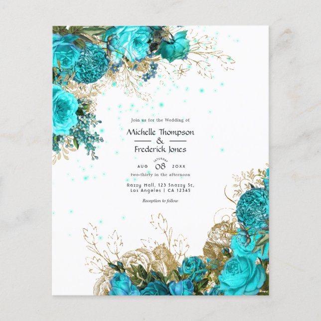 Flyer Convite de Casamento Desgastado em Turquesa e Dour (Frente)