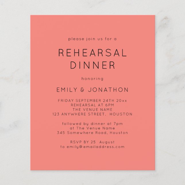 Flyer Convite de casamento do Janto de ensaio de Rosa de (Frente)