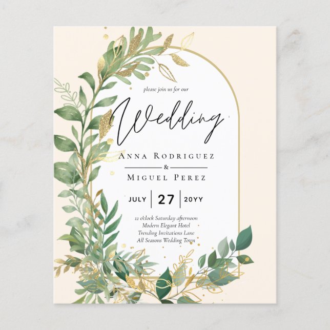 Flyer Convite de casamento Dourado Folha Botânica Modern (Frente)