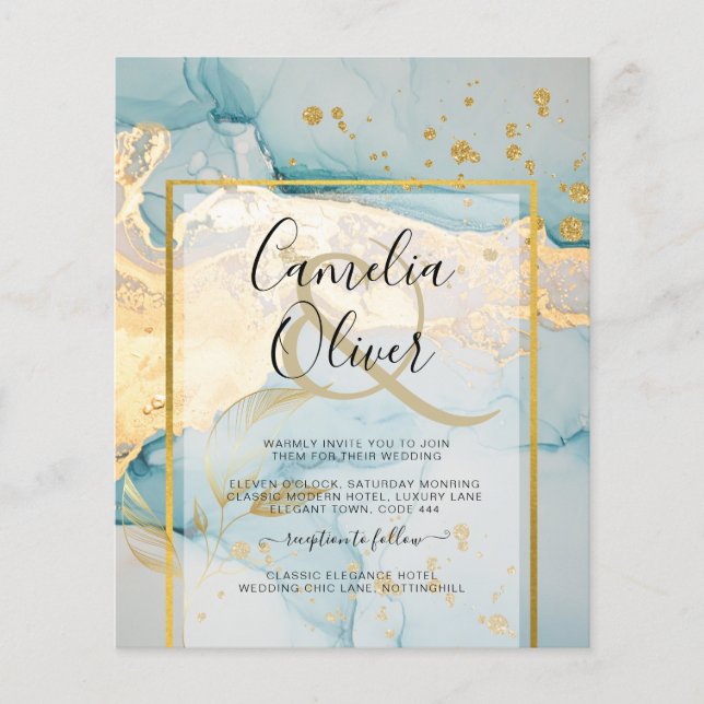 Flyer Convite de Casamento Dourado Vidro do Mar Turquesa (Frente)