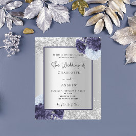 Flyer Convite de casamento econômico floral azul marinho