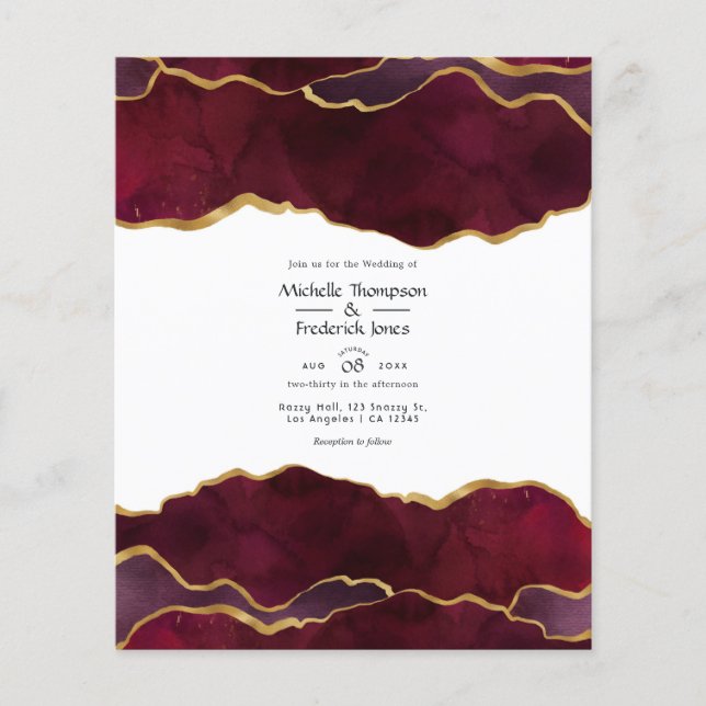 Flyer Convite de Casamento em Ágata Burgundy e Dourado (Frente)