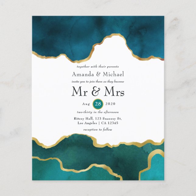 Flyer Convite de Casamento em Pedra de Ágata Teal e Dour (Frente)