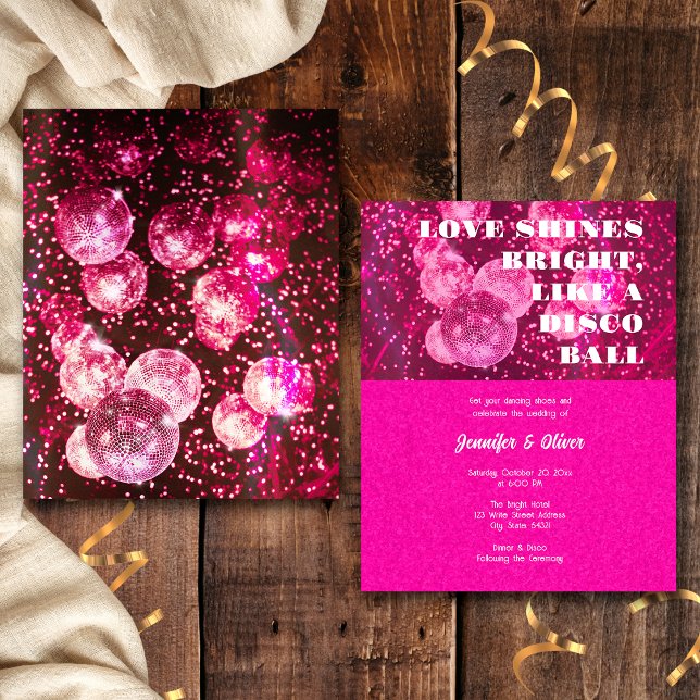 Flyer Convite de Casamento Espelho de Disco Rosa Neon Or (Front and Back)