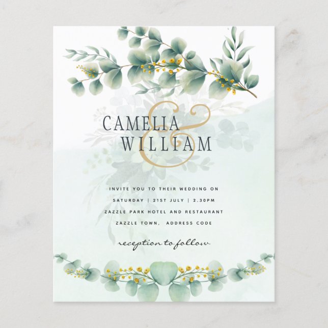 Flyer Convite de Casamento Eucalipto Moderno Folhagem Do (Frente)