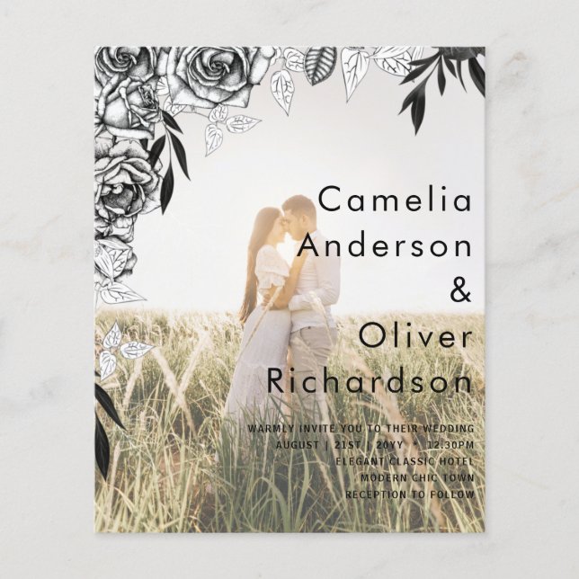 Flyer Convite de casamento EXTERIOR DA FOTO Rosas Pretos (Frente)