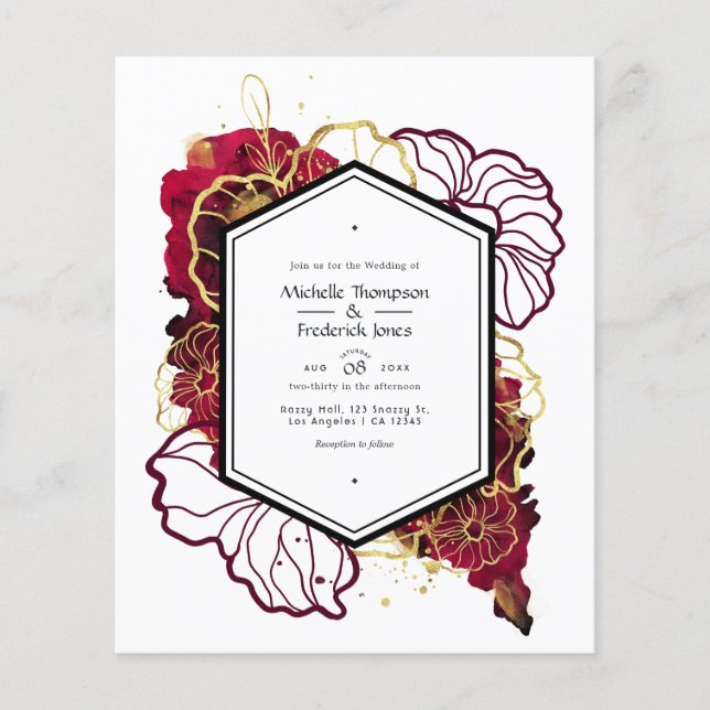 Flyer Convite de Casamento Floral Abstrato em Borgonha e (Frente)