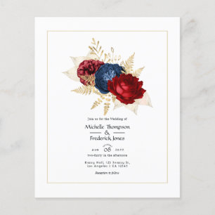Flyer Convite de Casamento Floral Azul Marinho, Vermelho