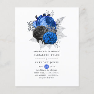 Flyer Convite de Casamento Floral Azul Real, Preto e Pra