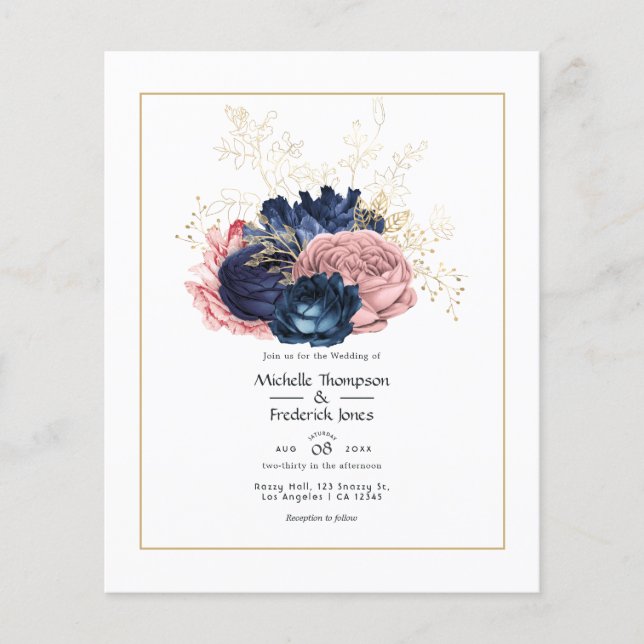 Flyer Convite de Casamento Floral Bege, Azul Marinho e D (Frente)