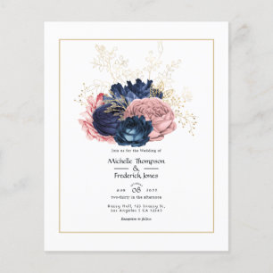 Flyer Convite de Casamento Floral Bege, Azul Marinho e D
