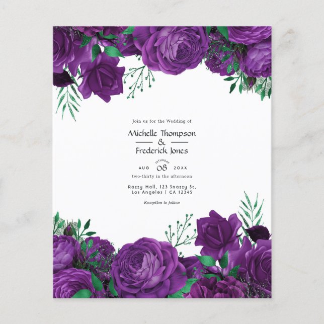 Flyer Convite de casamento Floral de Cor da Água Púrpura (Frente)