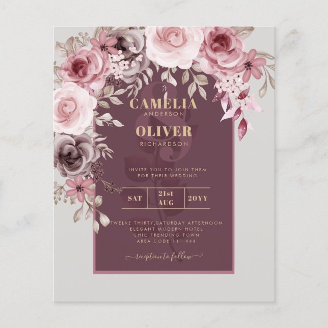 Flyer CONVITE DE CASAMENTO Floral de Vinho de Maroon Ros (Frente)