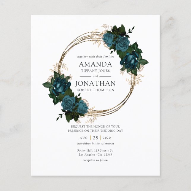 Flyer Convite de Casamento Floral em Turquesa e Dourado (Frente)