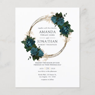 Flyer Convite de Casamento Floral em Turquesa e Dourado