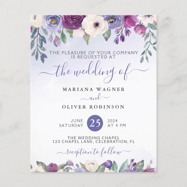 Flyer Convite de Casamento Floral Fuchsia Periwinkle Eco (Frente)