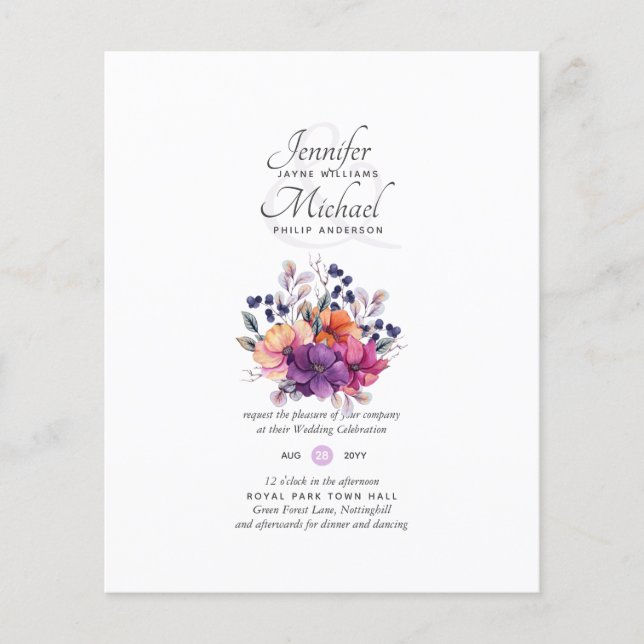 Flyer CONVITE DE CASAMENTO Floral Laranja Púrpura do ORÇ (Frente)