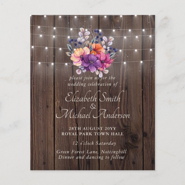 Flyer CONVITE DE CASAMENTO Floral Laranja Púrpura do ORÇ (Frente)